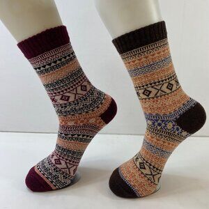 Womens Crew Socks Set 2 Fair Isle Nordic Pattern Red Orange Blue Brown